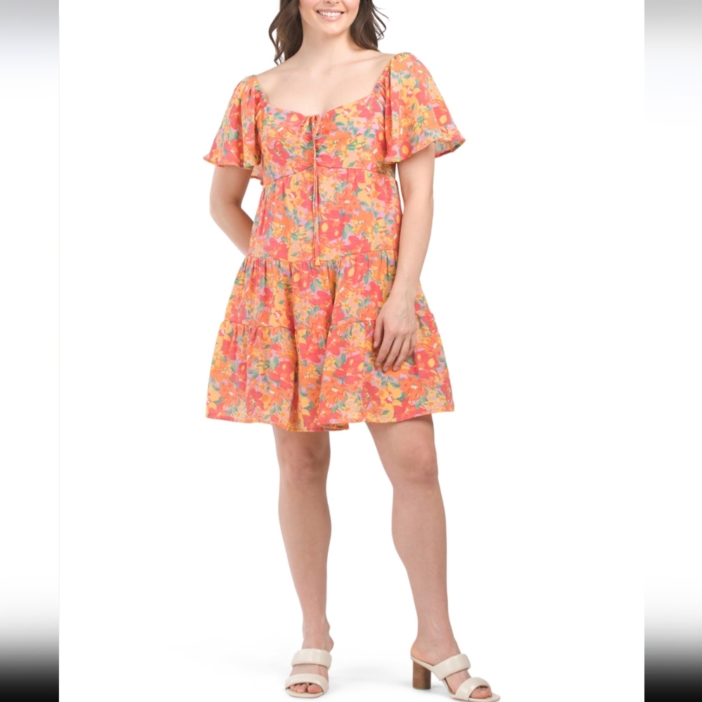 #10802-18 MARISSA OLIVIA Flutter Sleeve Floral Tired Mini Dress Size L NWT
